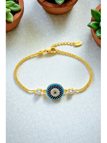 Kadın Gümüş Bileklik - 14 Ayar Altın Kaplama Nazar Boncuğu Desenli Gümüş Bileklik