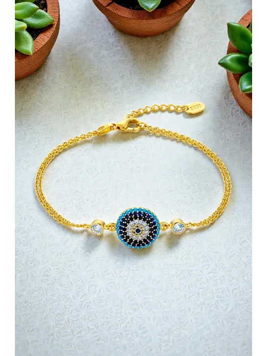 Kadın Gümüş Bileklik - 14 Ayar Altın Kaplama Nazar Boncuğu Desenli Gümüş Bileklik