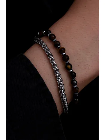 Erkek Çelik Bileklik - Kaplan Gözü Taşlı kral Zincir Çelik Erkek Bileklik