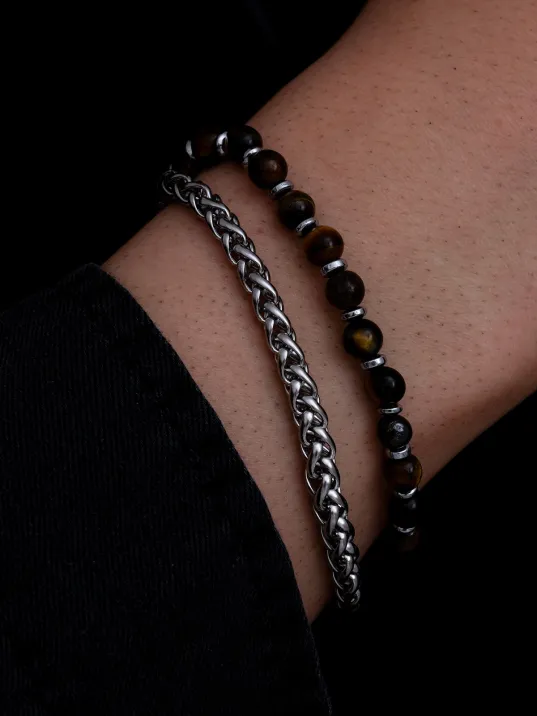 Erkek Çelik Bileklik - Kaplan Gözü Taşlı kral Zincir Çelik Erkek Bileklik