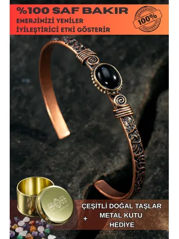 Bakır Kelepçe Bilezik Oniks Doğal Taş Erkek Kadın Doğal Taşlı ve Metal Kutulu