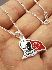 Unisex Gri Atatürk ve Ayyıldız'lı Gümüş Kolye Zincir
