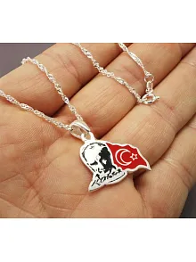 Unisex Gri Atatürk ve Ayyıldız'lı Gümüş Kolye Zincir