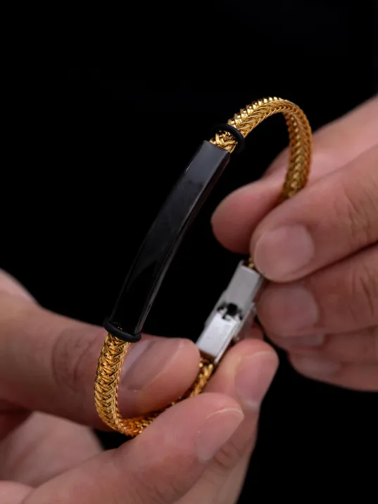 Erkek Çelik Bileklik - İsim Yazılabilir Altın Kaplama Gurmet Zincir Erkek Bileklik