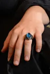 Gravür Taşlı Oval Aquamarin Erkek Gümüş Yüzük