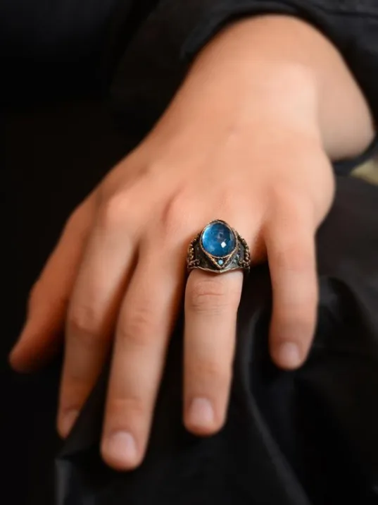 Gravür Taşlı Oval Aquamarin Erkek Gümüş Yüzük