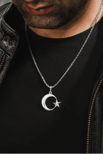 Erkek Gümüş Kolye - Ay Yıldız Motifli Kral Zincirli Erkek Kolye