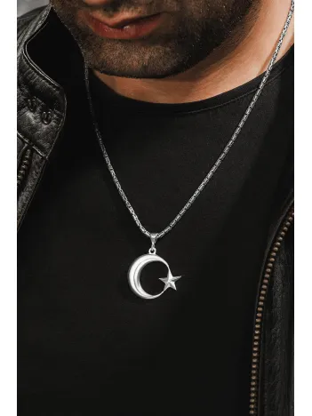 Erkek Gümüş Kolye - Ay Yıldız Motifli Kral Zincirli Erkek Kolye