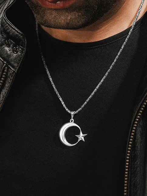 Erkek Gümüş Kolye - Ay Yıldız Motifli Kral Zincirli Erkek Kolye