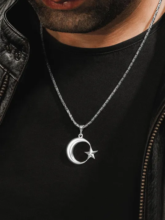 Erkek Gümüş Kolye - Ay Yıldız Motifli Kral Zincirli Erkek Kolye Erkek Gümüş Kolye - Ay Yıldız Motifli Kral Zincirli Erkek Kolye