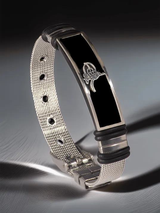 Erkek Çelik Bileklik - Osmanlı Tuğrası Hasır Model Çelik Bileklik