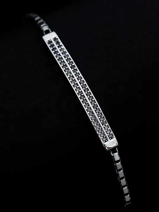 Erkek Gümüş Bileklik - Çift Zirkon Taşlı Küp Zincir Gümüş Bileklik