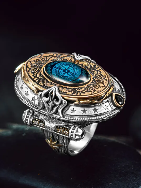 Erkek Gümüş Yüzük - Özel Tasarım Pusula Model Erkek Zihgir Yüzük