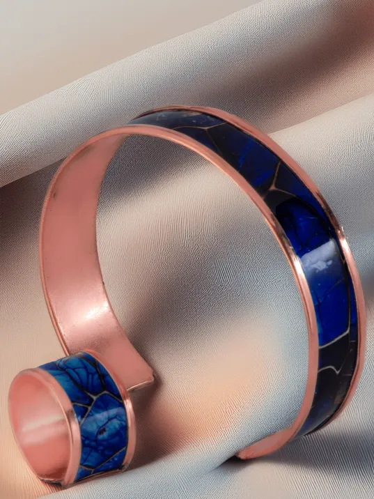 Kadın Bakır Bileklik Yüzük Set - Ocean Model Özel Baskı Metal Kutu Ve Kuvars Taşı