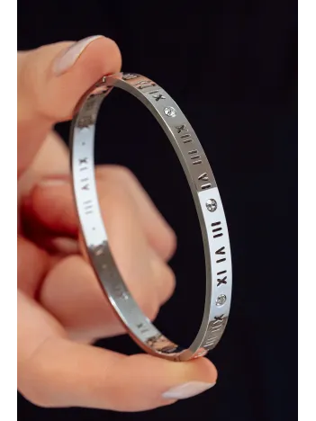 Kadın Çelik Bileklik - Roma Rakamlı Zirkon Taşlı Kelepçe Model Kadın Çelik Bileklik - Roma Rakamlı Zirkon Taşlı Kelepçe Model