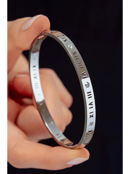 Kadın Çelik Bileklik - Roma Rakamlı Zirkon Taşlı Kelepçe Model