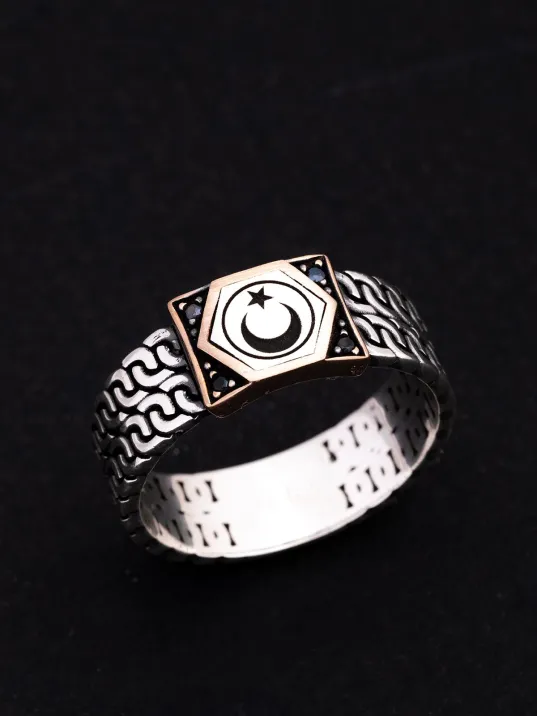 Erkek Gümüş Yüzük - Ay Yıldız Türk Bayrağı İnce Kibar Erkek Yüzük