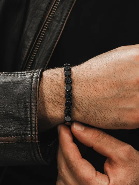 Erkek Doğaltaş Bileklik - Siyah Hematit Taşlı Makrome Örme Erkek Bileklik