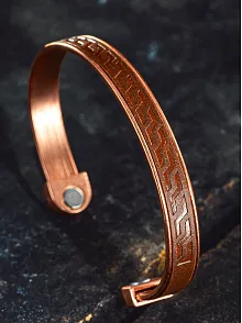 Erkek Kadın Bakır Bileklik - Hakiki Deri Omega Desenli Mıknatıslı Metal Kutu Doğal