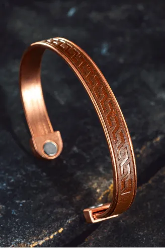 Erkek Kadın Bakır Bileklik - Hakiki Deri Omega Desenli Mıknatıslı Metal Kutu Kuvars
