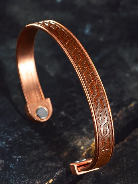 Erkek Kadın Bakır Bileklik - Hakiki Deri Omega Desenli Mıknatıslı Metal Kutu Doğal