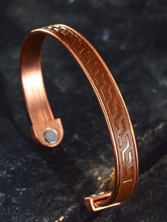 Erkek Kadın Bakır Bileklik - Hakiki Deri Omega Desenli Mıknatıslı Metal Kutu Doğal