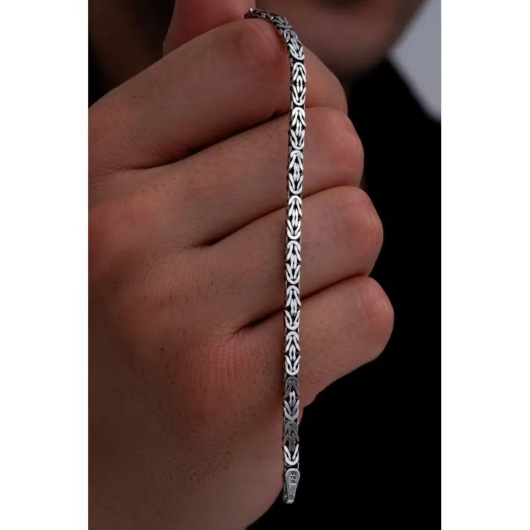 Erkek Gümüş Bileklik - 4mm Dikdörtgen Kesim Yassı Kral Gümüş Bileklik