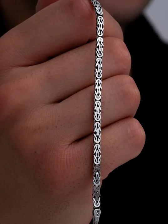 Erkek Gümüş Bileklik - 4mm Dikdörtgen Kesim Yassı Kral Gümüş Bileklik