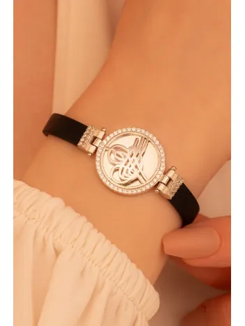 Zirkon Taşlı Osmanlı Tuğralı Bayan Gümüş Bileklik