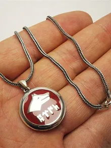 Göktürkçe Türk Yazılı Kırmızı Mineli Bozkurt Gümüş Erkek Kolye Zincir
