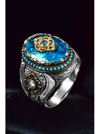 Erkek Gümüş Yüzük - Faset Kesim Akuamarine Zirkon Taşlı 925 Ayar Erkek Yüzük