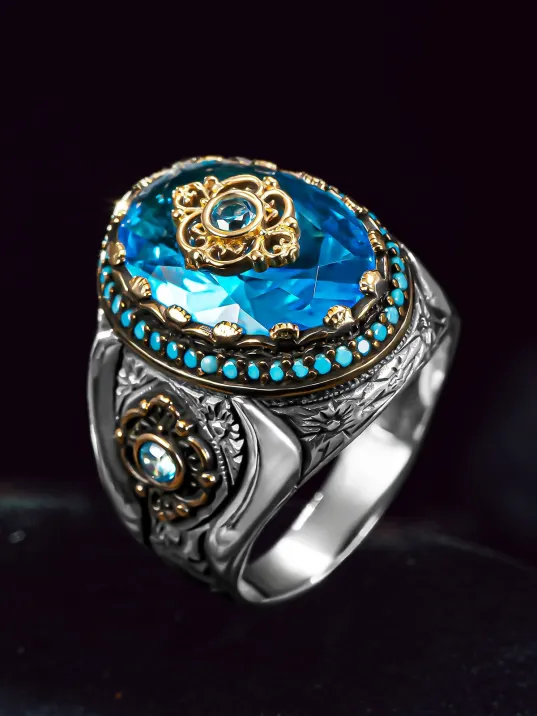 Erkek Gümüş Yüzük - Faset Kesim Akuamarine Zirkon Taşlı 925 Ayar Erkek Yüzük