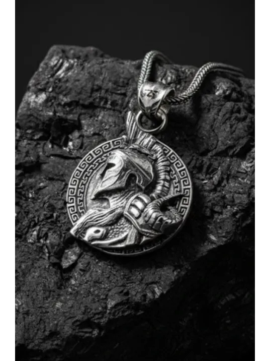 Erkek Gümüş Kolye - 925 Ayar Kabartmalı Savaşçı Gladyatör Motifli Tilki Kuyruğu Zincirli Model Kolye