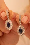 Kadın Gümüş Küpe - Damla Model Safir Taşlı Baget Süslemeli Rodyumlu Kadın Küpe