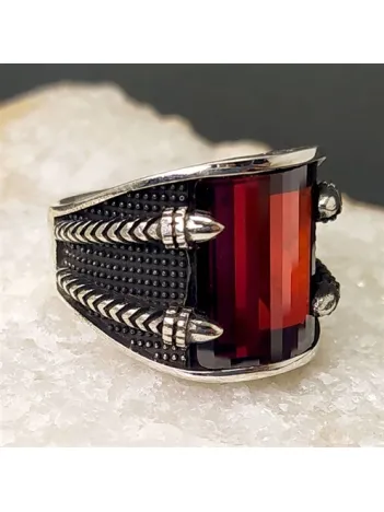 Kırmızı Zirkon Taşlı Pençe Erkek Gümüş Yüzük