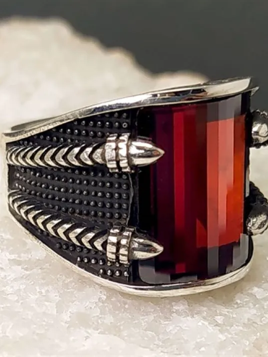 Kırmızı Zirkon Taşlı Pençe Erkek Gümüş Yüzük