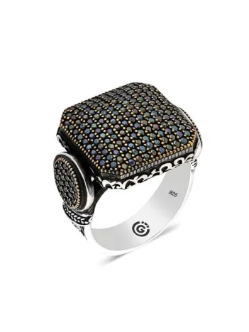 Asab Siyah Zirkon Yanı Taşlı Kare Özel Seri Erkek Gümüş Yüzük