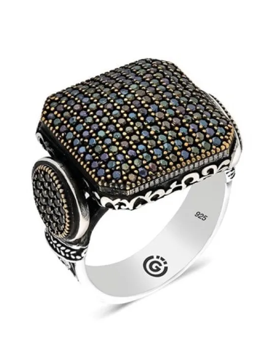 Asab Siyah Zirkon Yanı Taşlı Kare Özel Seri Erkek Gümüş Yüzük