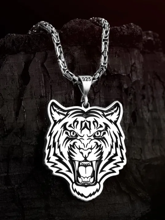 Erkek Gümüş Kolye - Kaplan İşlemeli Kral Zincirli Erkek Kolye