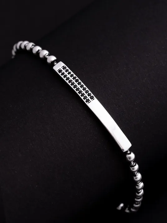 Erkek Gümüş Bileklik - Top Zincirli Siyah Zirkon Taşlı Blok Model Gümüş Bileklik