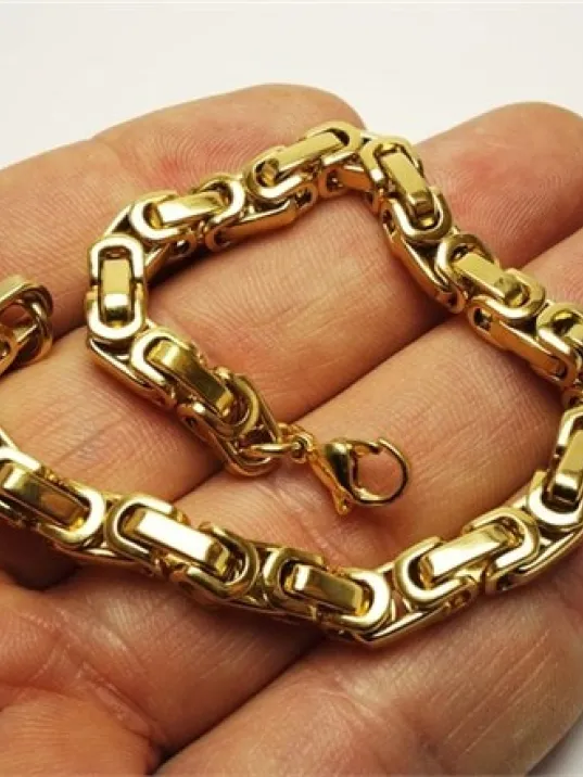 Altın Kaplama Sarı Kral Erkek Çelik Kolye Bileklik Set Orta Kalınlıkta 65cm