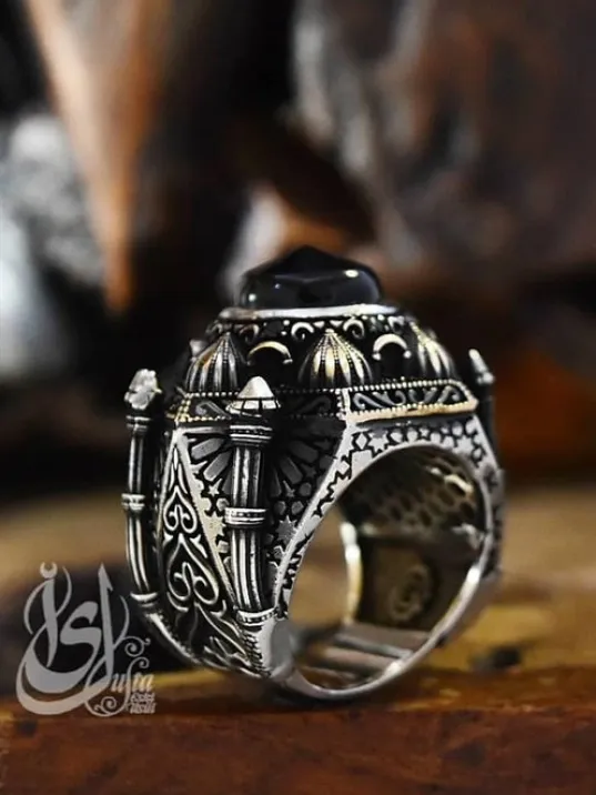 İslam Usta Tasarımı Siyah Kubbe Model Gümüş Erkek Yüzük GYZISLMSTM6-GMS İslam Usta Tasarımı Siyah Kubbe Model Gümüş Erkek Yüzük GYZISLMSTM6-GMS