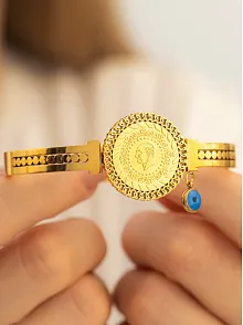 Kadın Çelik Bileklik - Altın Kaplama Çeyrekli Ve Nazar Boncuklu Model Çelik Bileklik