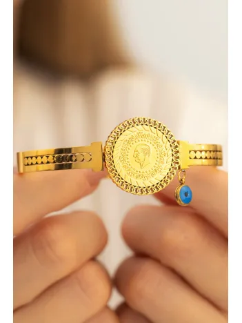 Kadın Çelik Bileklik - Altın Kaplama Çeyrekli Ve Nazar Boncuklu Model Çelik Bileklik