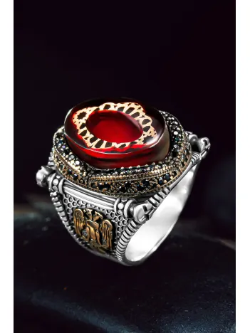 Erkek Gümüş Yüzük - Kırmızı Kehribar Taşlı Yanı Selçuklu Kartalı Motifli Erkek Yüzük Erkek Gümüş Yüzük - Kırmızı Kehribar Taşlı Yanı Selçuklu Kartalı Motifli Erkek Yüzük