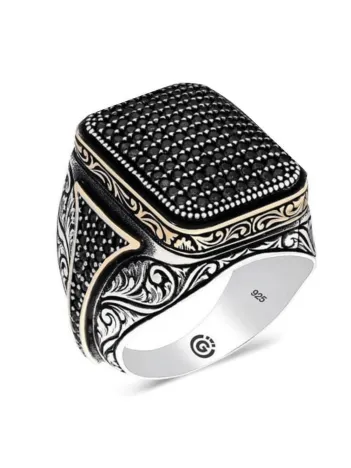 Homero Siyah Zirkon Yanı Taşlı İşlemeli Özel Seri Erkek Gümüş Yüzük