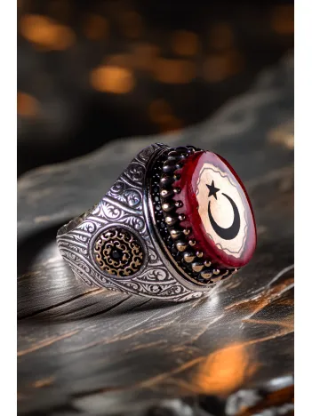 Erkek Kırmızı Sıkma Kehribar Taşlı Yanı Desenli Ay Yıldız İşlemeli 925 Ayar Gümüş Yüzük Erkek Kırmızı Sıkma Kehribar Taşlı Yanı Desenli Ay Yıldız İşlemeli 925 Ayar Gümüş Yüzük