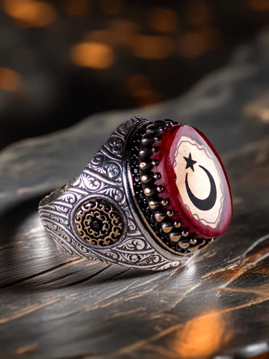 Erkek Kırmızı Sıkma Kehribar Taşlı Yanı Desenli Ay Yıldız İşlemeli 925 Ayar Gümüş Yüzük