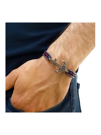 Faset Kırmızı Akik Doğaltaş Ve Zirkon Çapalı Deri Bileklik