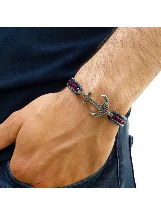 Faset Kırmızı Akik Doğaltaş Ve Zirkon Çapalı Deri Bileklik